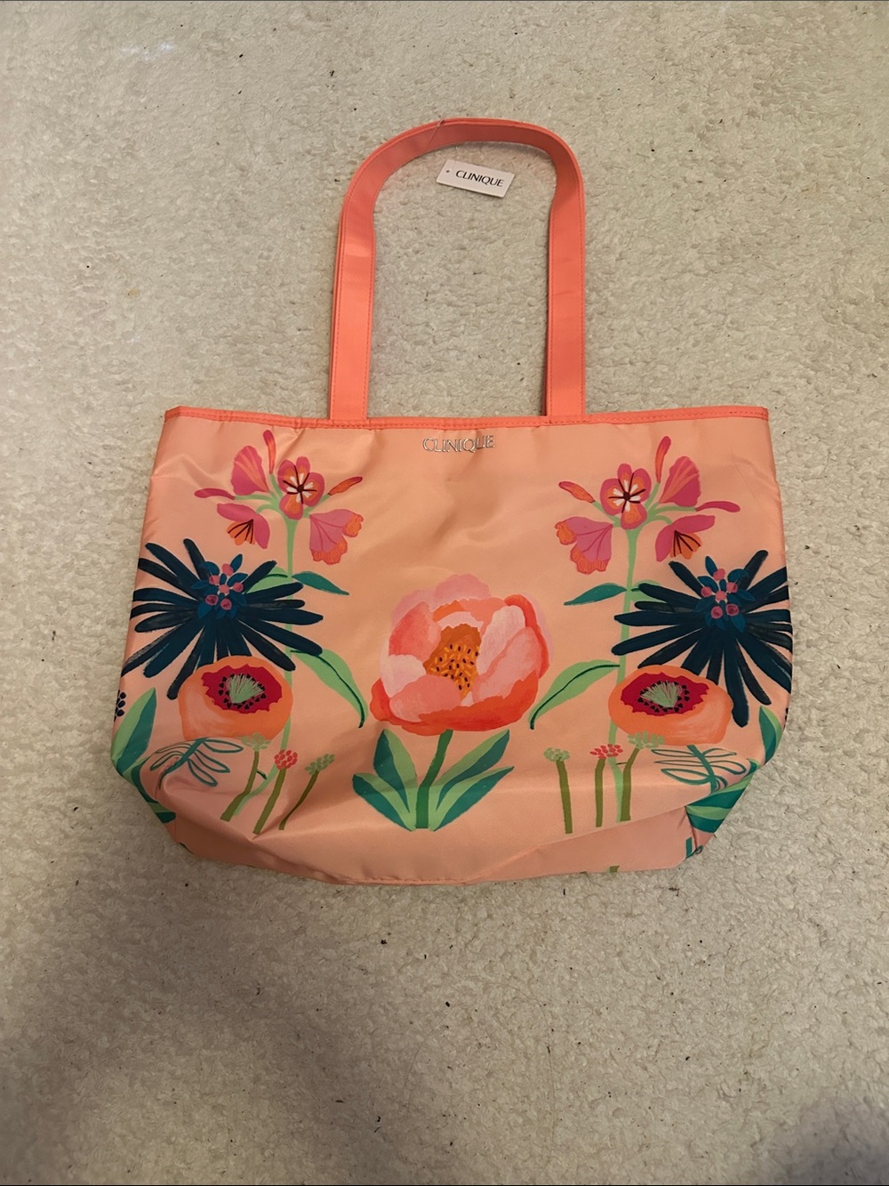 Clinique Peach Floral Canvas Tote with Coral Handles